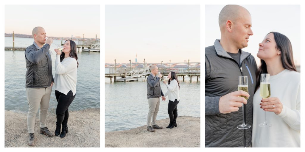Winter Engagement Photos Alexandria VA Waterfront - man and woman drink champagne