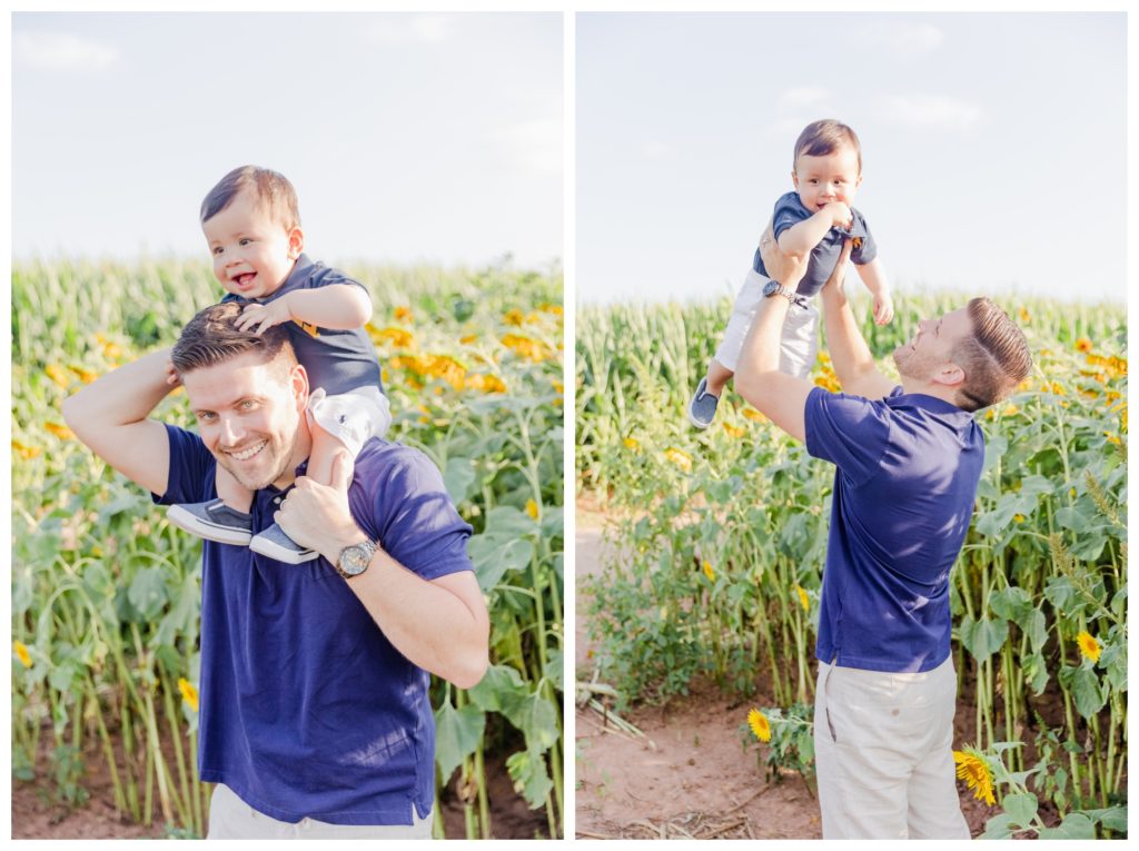 Summer Sunflower Family Photos Frederick MD - father holding son in flower field