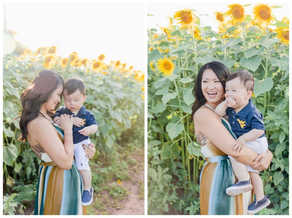 Summer Sunflower Family Photos Frederick MD - mother holding son in flower field