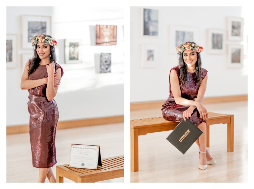 College Graduation Photos at Blackrock Center for the Arts - woman in dress and flower crown poses with her degree