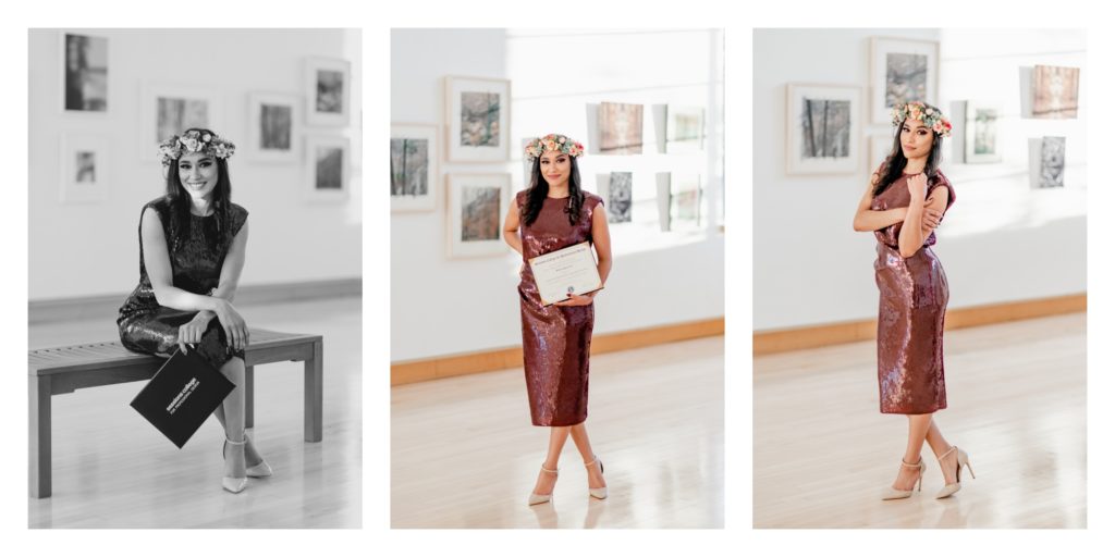 College Graduation Photos at Blackrock Center for the Arts - woman in dress and flower crown poses in art gallery
