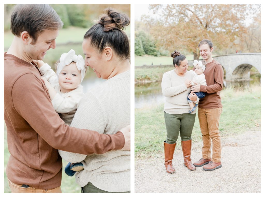 Fall Family Photos Antietam Maryland - mom and dad with baby girl at Burnside Bridge