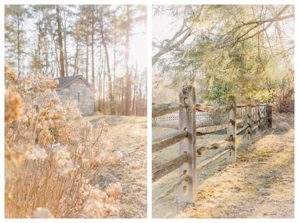 Winter Family Photos at Sugarloaf Mountain in Maryland - wood fence and stone cabin