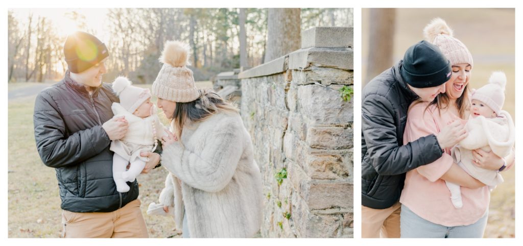 Winter Family Photos at Sugarloaf Mountain in Maryland - parents laughing with baby