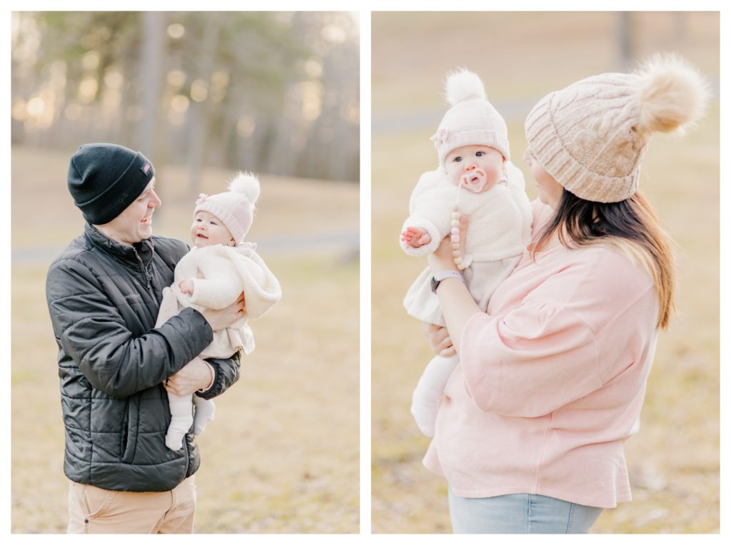 Winter Family Photos at Sugarloaf Mountain in Maryland - father with baby and mother with baby