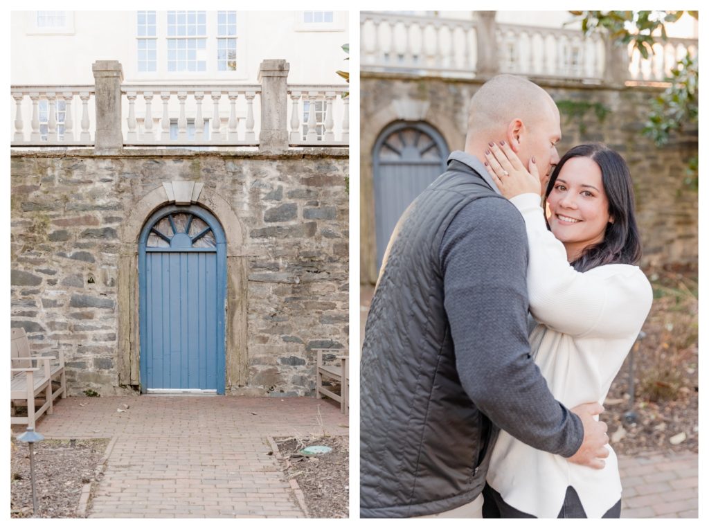 Winter Engagement Photos Alexandria VA Waterfront - couple in front of stone wall