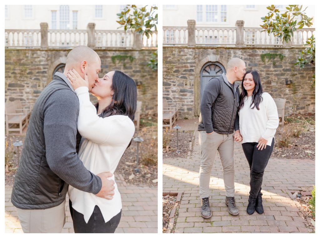 Winter Engagement Photos Alexandria VA Waterfront - couple poses in front of historic property
