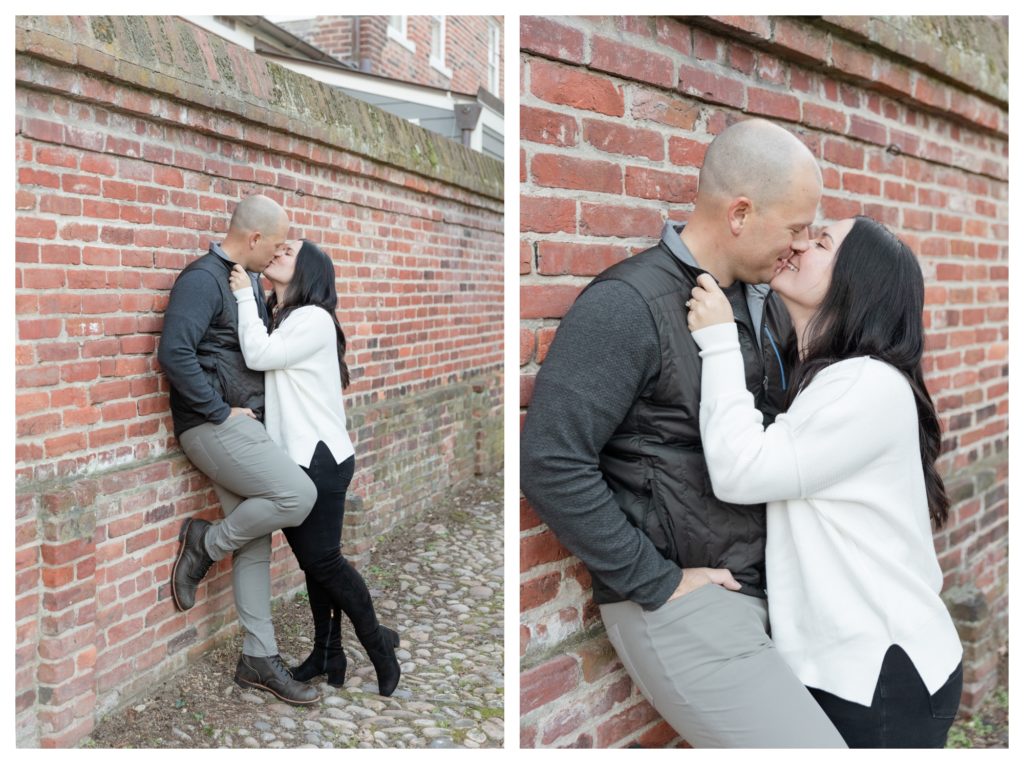 Winter Engagement Photos Alexandria VA Waterfront - ma and woman in front of brick fence
