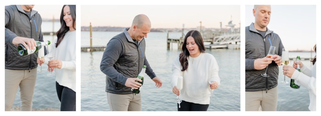 Winter Engagement Photos Alexandria VA Waterfront - man and woman with champagne