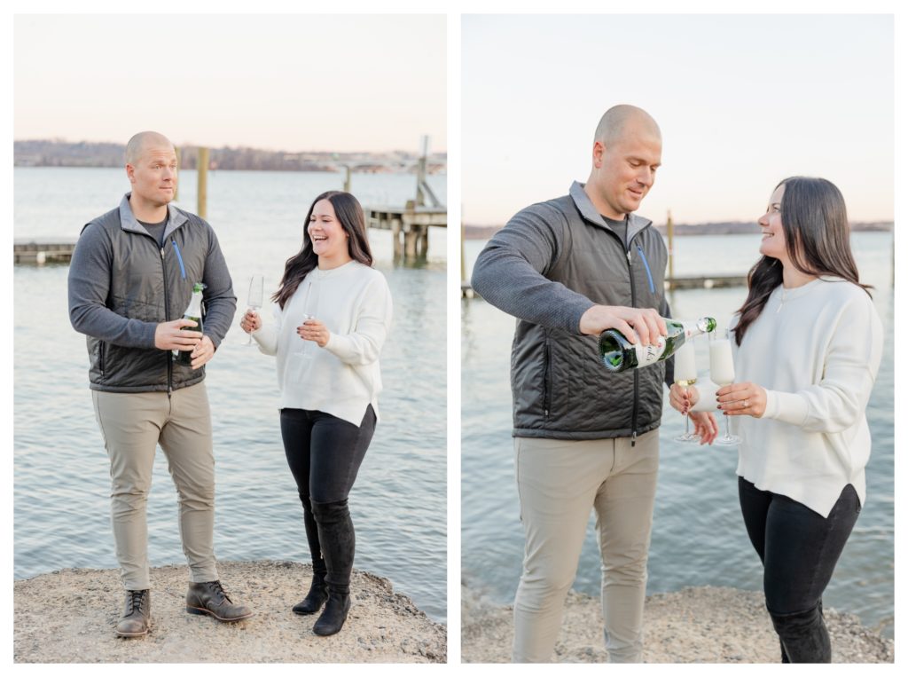 Winter Engagement Photos Alexandria VA Waterfront - couple pouring champagne and laughing