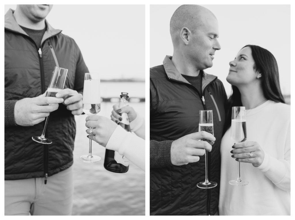 Winter Engagement Photos Alexandria VA Waterfront - black and white photos of couple celebrating with champagne