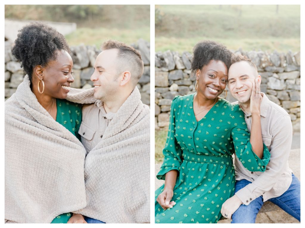 Romantic Anniversary Photos Antietam MD - couple smiling in front of stone wall