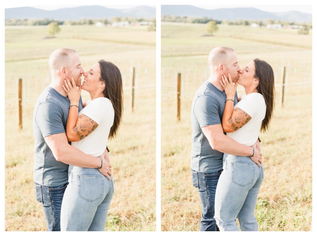 Autumn Vineyard Engagement Session - couple kissing in a field with mountain view