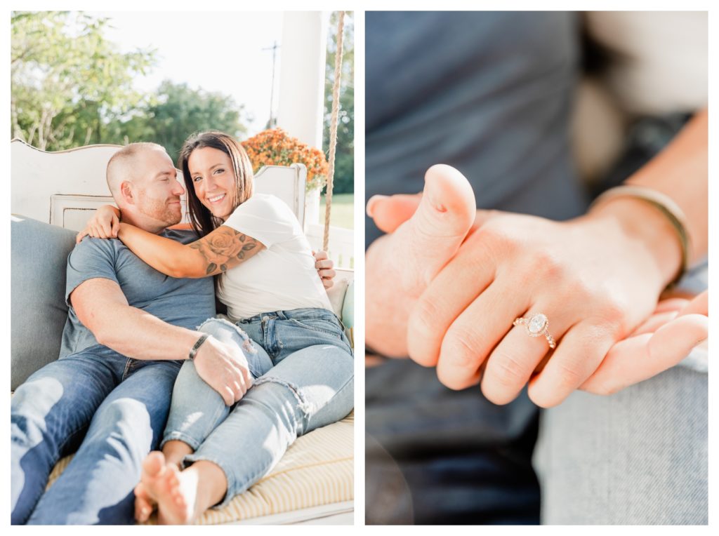 Autumn Vineyard Engagement Session - couple snuggling on couch