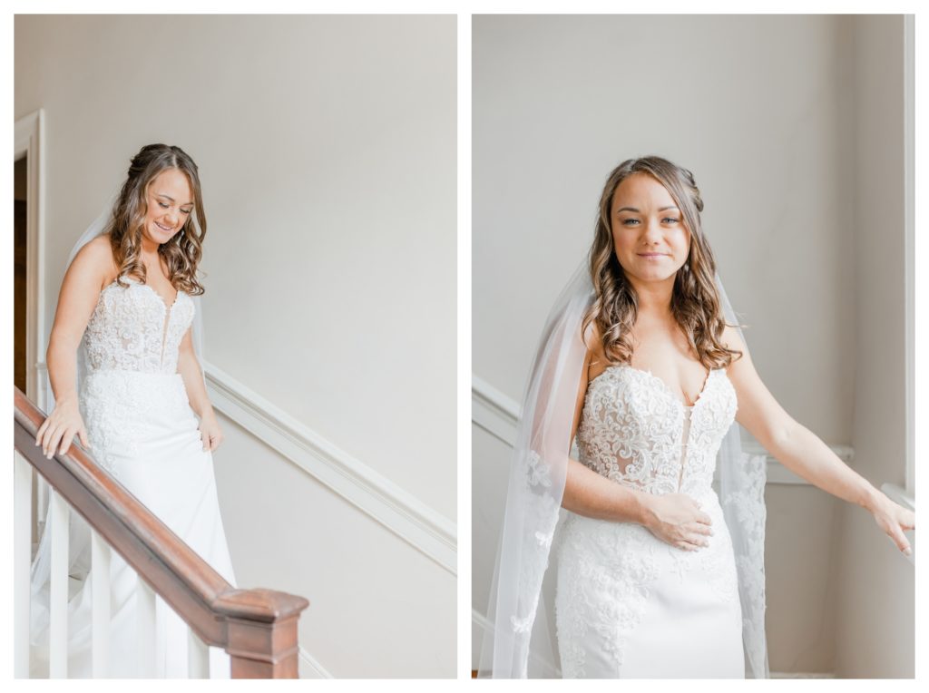 Elegant Springfield Manor Wedding Photography - bride on staircase