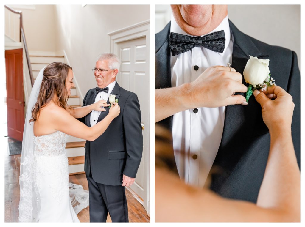 Elegant Springfield Manor Wedding Photography - bride pinning corsage on her father