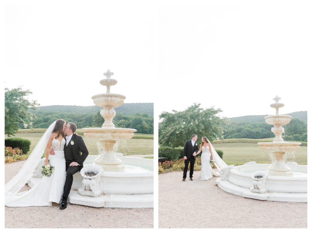 Elegant Springfield Manor Wedding Photography - couple portraits in front of fountain