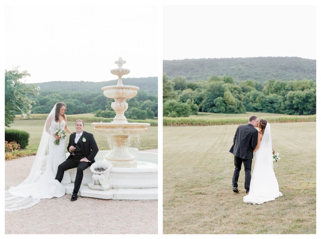 Elegant Springfield Manor Wedding Photography - bride and groom portraits with fountain