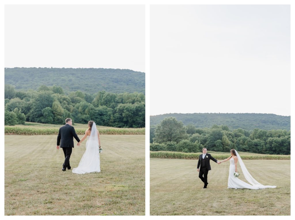 Elegant Springfield Manor Wedding Photography - bride and groom walking in a field